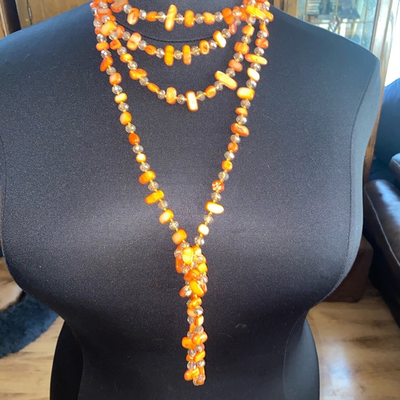 Orange Polished Stone Effect Beaded Necklace Set 2 Pieces - Picture 5 of 5